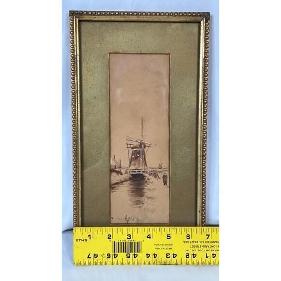 Antique Louis Apal Dutch Windmill Original Watercolor Gold Ornate Frame RARE - Picture 14 of 14